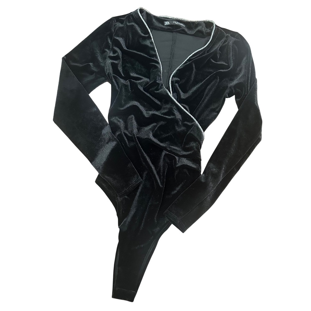 Zara Black Velvet Deep V-Neck Bodysuit Metallic Trim Long Sleeve XS 7969/268